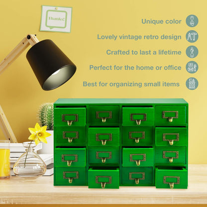 Emerald Green Wood 16-Drawer Apothecary Small Cabinet - 20" x3.6”x14” Card Catalog Style Table Top Organizer - Wooden Storage Box w/16 Drawers - 4-Level Countertop Organizer w/Label Holders & Handles