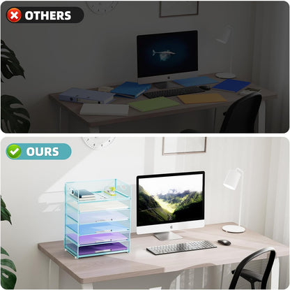 Marbrasse 2 Pack Desk Organizer with Handle, 6 Tier Paper Letter Tray, Mesh Desk File Organizer for Office, School and Home - Blue