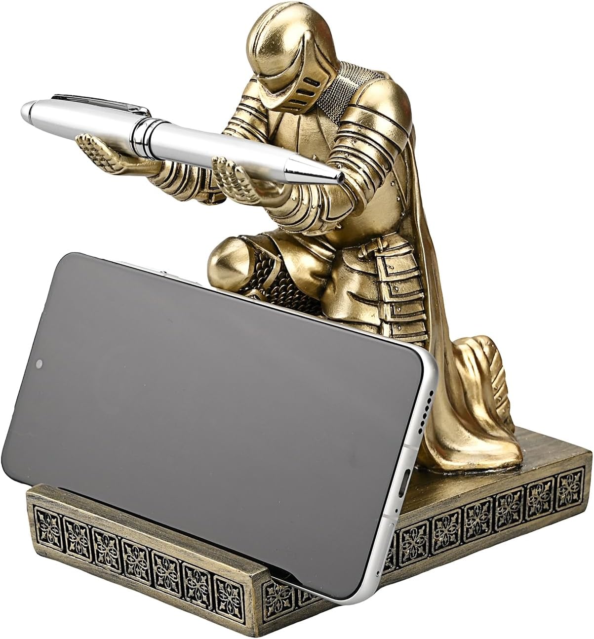 Windbreaker Soldier Knight Pen Holder Personalized Desk Accessory, Mobile Phone & Gaming Controller Holder, Device Stand Gift for Medieval Enthusiasts (Bronze)