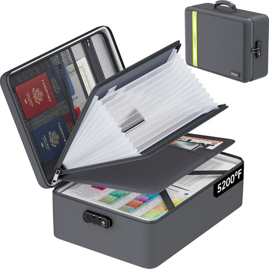 5200℉ Fireproof Document Bag, Insulated Document Box with Lock, Important Document Organizer with Waterproof Zipper, Portable Soft Home Travel Office Safe Storage with 13 Accordion File Folder,Gray