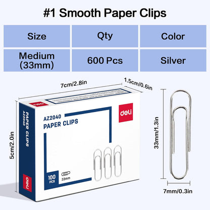 Deli #1 Smooth Paper Clips, 600 Medium Paper Clips, 6 Boxes of 100 Each, Silver
