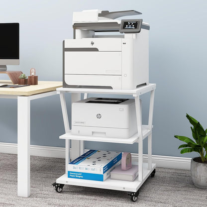 Natwind 3-Tier Large Printer Stand,23.6"x23.6"x29.5" Heavy-Duty Printer Table Cart with Paper Storage Shelf & Wheels,Ideal for Home Office Laser Printers, Copiers (White)
