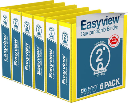Easyview Premium 3-Ring Binders with Clear-View Covers and Round Rings, Binders for School or Office, 2 Inch, Pack of 6, Yellow