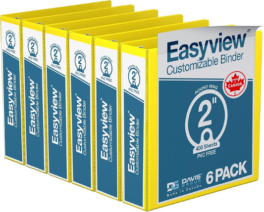 Easyview Premium 3-Ring Binders with Clear-View Covers and Round Rings, Binders for School or Office, 2 Inch, Pack of 6, Yellow