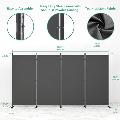 Helios&Hestia 4-Panel 6 ft Tall Indoor Folding Room Divider, Portable Privacy Screen, Freestanding Partition Separator, Temporary Wall Separation for Bedroom, Office, 136" W X 71" H, Dark Grey