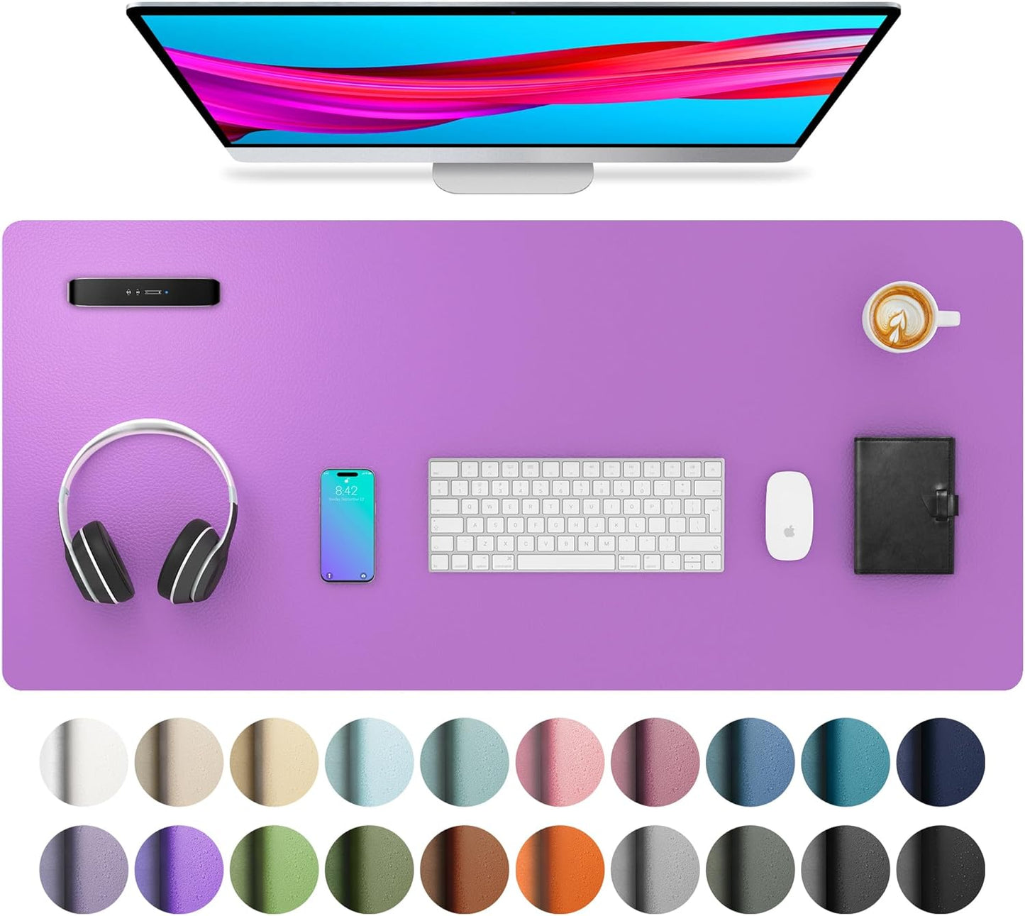 Aothia Leather Desk Pad Protector, Mouse Pad, Office Desk Mat, Non-Slip PU Leather Desk Blotter, Laptop Desk Pad, Waterproof Desk Writing Pad for Office and Home (36" x 17", Iris Violet)