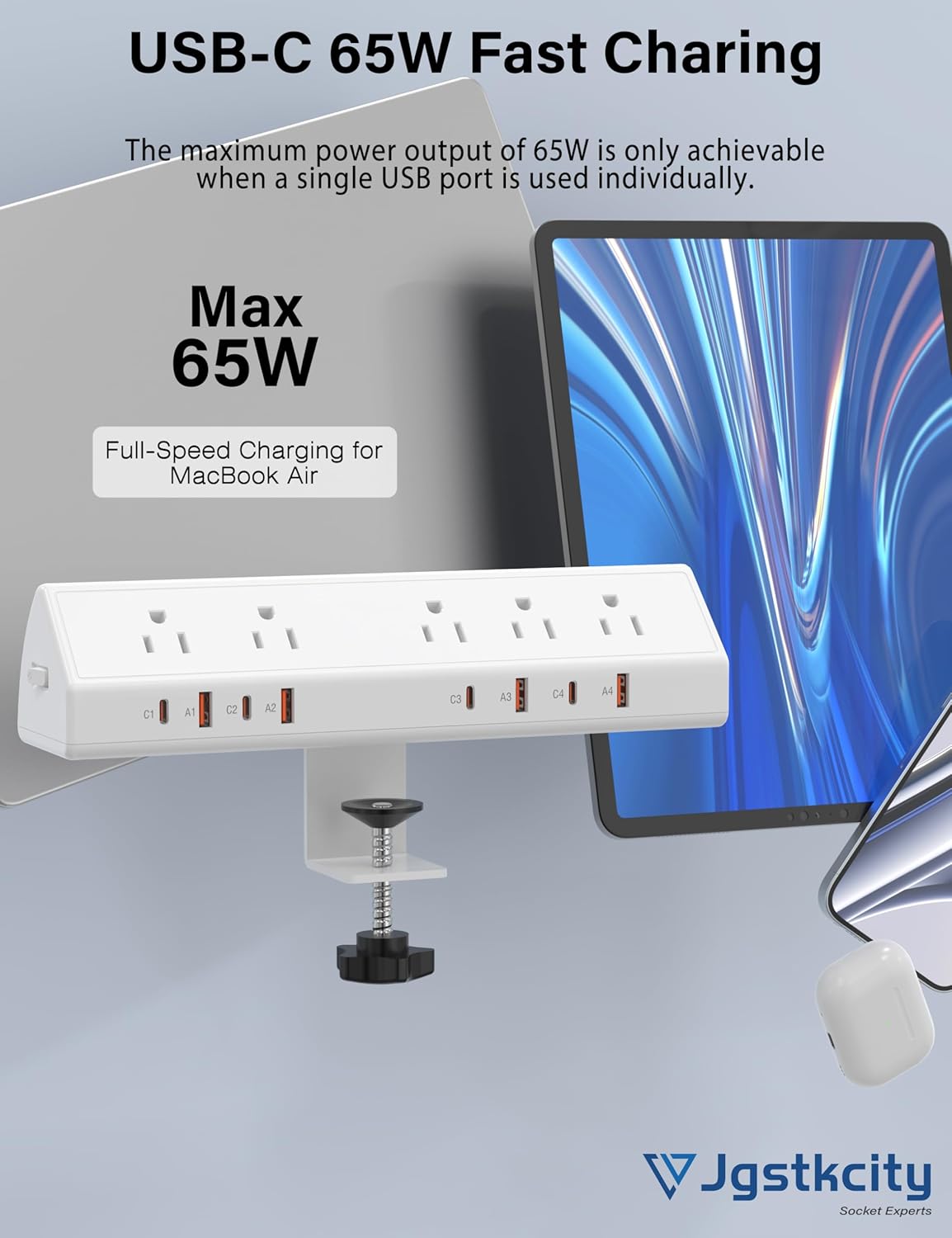 Desk Clamp Power Strip 65W Fast Charging Station,4 PD USB-C,5 Outlets,Nightstand Desk Edge Mount Tower Surge Protector,15 Amp Heavy Duty Power Strip,Fits 1.96" Tabletop Edge (White, 6 FT Cable)