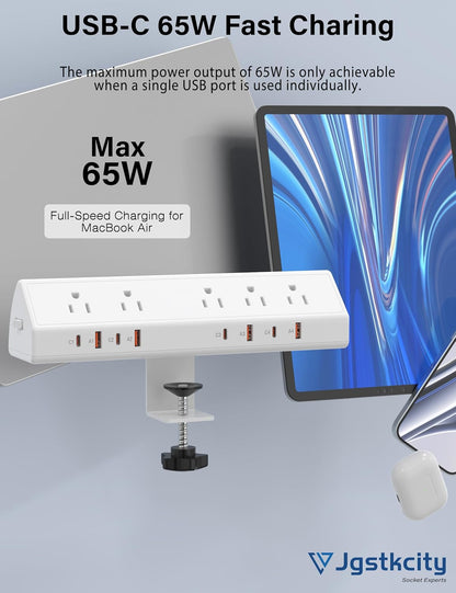 Desk Clamp Power Strip 65W Fast Charging Station,4 PD USB-C,5 Outlets,Nightstand Desk Edge Mount Tower Surge Protector,15 Amp Heavy Duty Power Strip,Fits 1.96" Tabletop Edge (White, 6 FT Cable)