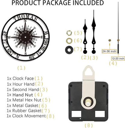 Personalized Metal Wall Clock Custom Compass Clock with Family Name and Coordinates Decorative Steel Wall Art for Living Room Bedroom Kitchen Housewarming Wedding Gift