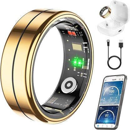 Fit Ring, Smart Health Rings for Women Men with Heart Rate,Blood Oxygen,HRV,Stress Level, Sleep Monitor, Step Tracker, No Subscription Fee, IP68 Waterproof Smart Ring for iphone &Android (Gold, 8#)