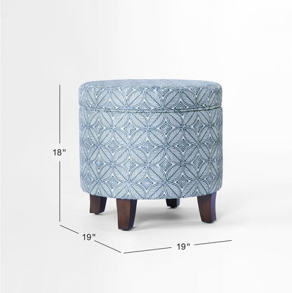 HomePop Upholstered Round Storage Ottoman|Homepop Home Décor|Upholstered Round Foot Rest Ottoman -Blue Indigo Print