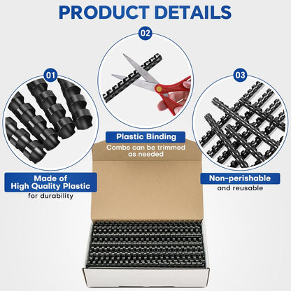 MYFULLY 100 Pack 21 Ring Plastic Comb Binding Spines | 5/8 Inch Diameter, 115 Sheet Capacity, A4, Black Binding Comb (5/8"(115 Sheet Capacity))