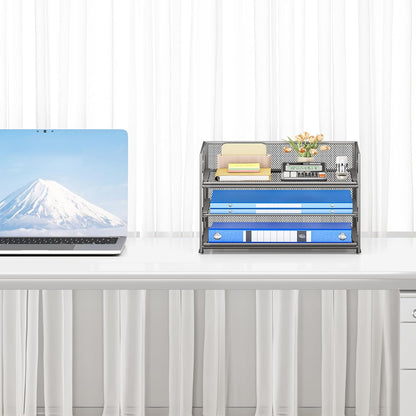 Subekyu 3 Tier Paper Letter Tray Organizer for Desk, Gray Metal Mesh Desk File Folder Sorter Organizer with Handle and Sliding Tray for Home, Office, School Supplies Organization Storage