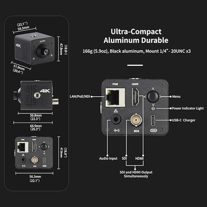 zowietek 4K POV Camera PoE, ZowieCAM, Webcam, Simultaneously HDMI & SDI Output, RTSP/RTMP(s)/SRT, Standalone Live Streaming to YouTube/Twitch for Webcast, Meeting, Teaching & Gaming (M12 AF)