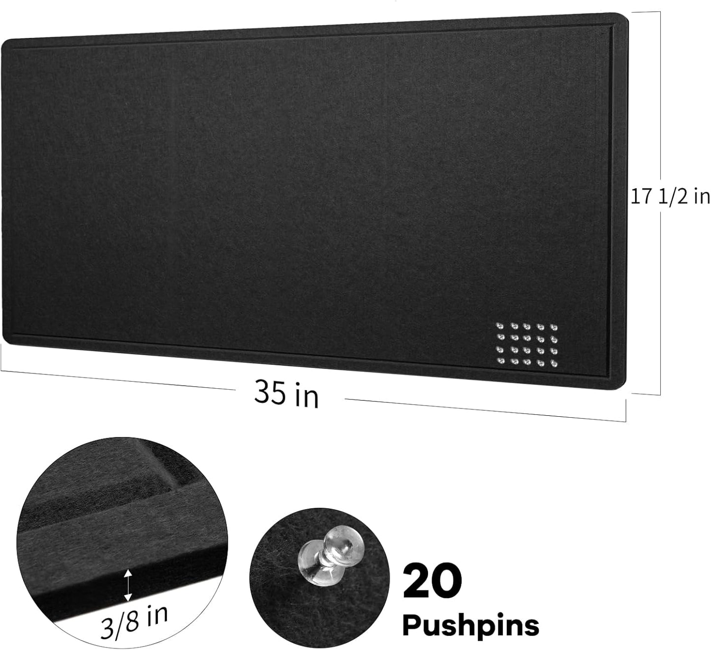 Bulletin Board, 35 x 17 1/2 inches Felt Board - Decorative Pin Board, Cork Board Alternative for Wall, Foldable Picture Board Self-Adhesive Vision Board Prayer Board with 20 Pushpins Black