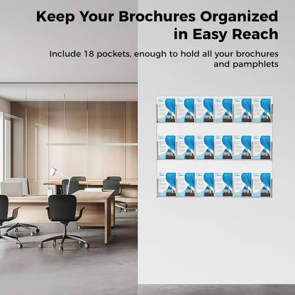 18 Pockets Acrylic Brochure Pamphlet Holder Wall Mount, 4 inches Pocket Brochure Display Stand, Pamphlet Display Stand Wall Mount, Clear Plastic Trifold Flyer Rack Literature Holder