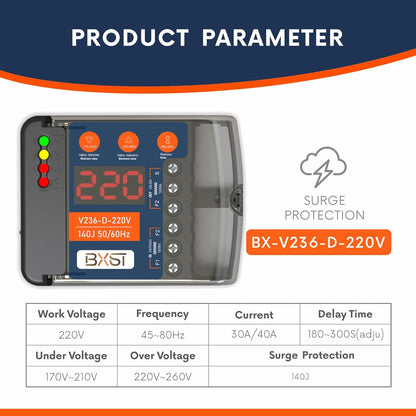 BXST Heavy Duty Wiring Surge Protector with LED Display Adjustable Voltage & Delay Protection, 220V, 30A, 6600W Max, 140J Surge Protection for Refrigerators, Air Conditioning, Motors, Pumps
