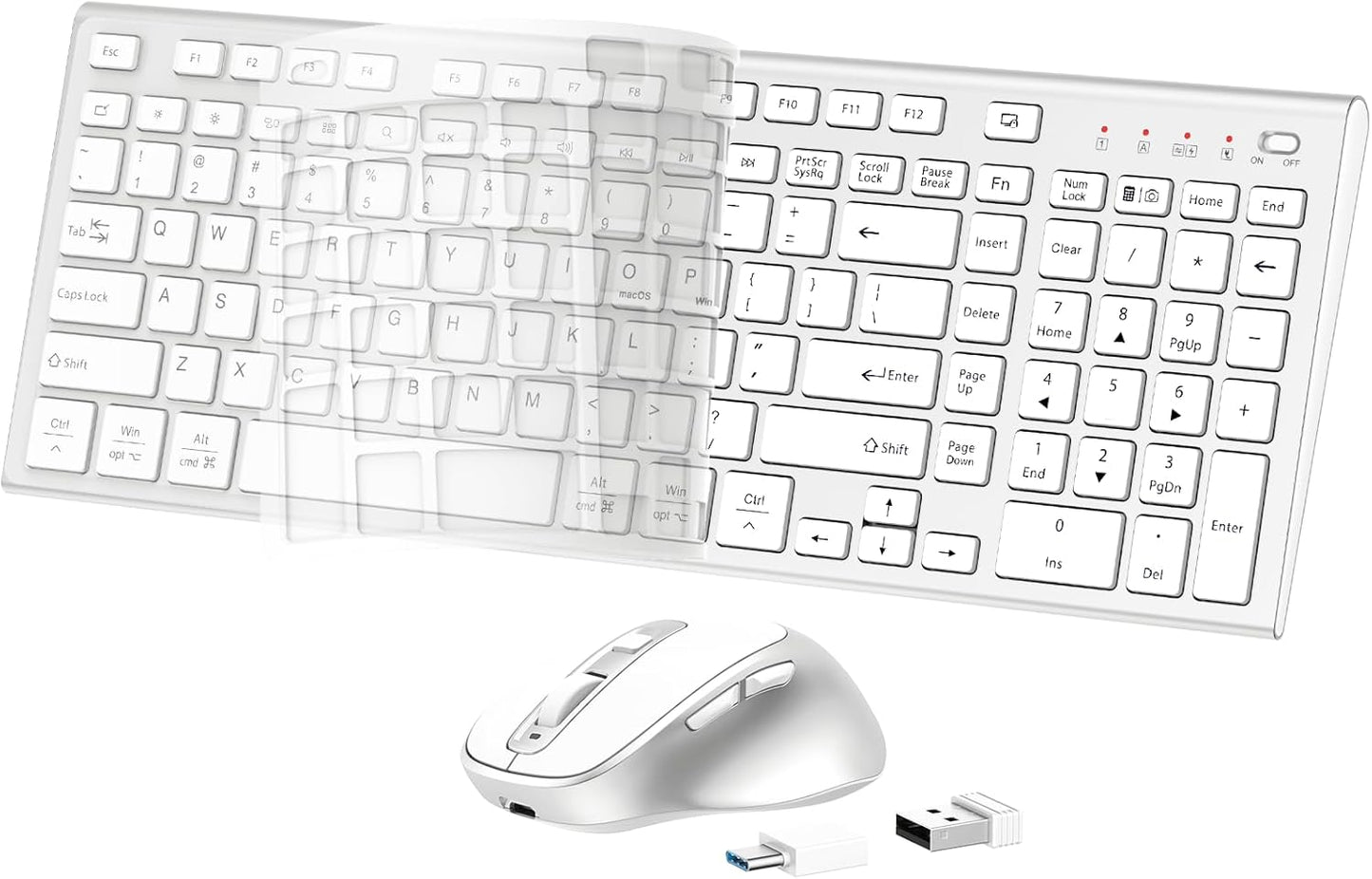 FENIFOX Wireless Keyboard and Mouse, Ergonomic Rechargeable Silent Quiet Slim Compact Full-Size USB C with Number Pad Flat Soft Cover for PC Computer Laptop Mac MacBook iMac TV Windows - Silver White