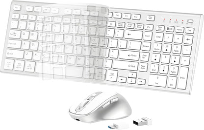 FENIFOX Wireless Keyboard and Mouse, Ergonomic Rechargeable Silent Quiet Slim Compact Full-Size USB C with Number Pad Flat Soft Cover for PC Computer Laptop Mac MacBook iMac TV Windows - Silver White