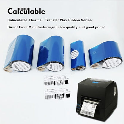 12 Count 4.33" x 243' (110mmx74m) Thermal Wax Ribbons 1/2" Core Thermal Transfer Wax Ribbon for Zebra,TEC,DATAMAX,INTERMEC,Avery,Citizen,SATO,TSC,GODEX,ARGOX