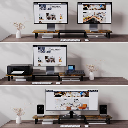 43.7" Extra Long Dual Monitor Stand Riser, Wood & Steel Monitor Stand for 2 Monitors, Wide TV Stand, Desktop Riser for Desk Organization, Home Office、Laptop,Printer,TV (Vintage black)