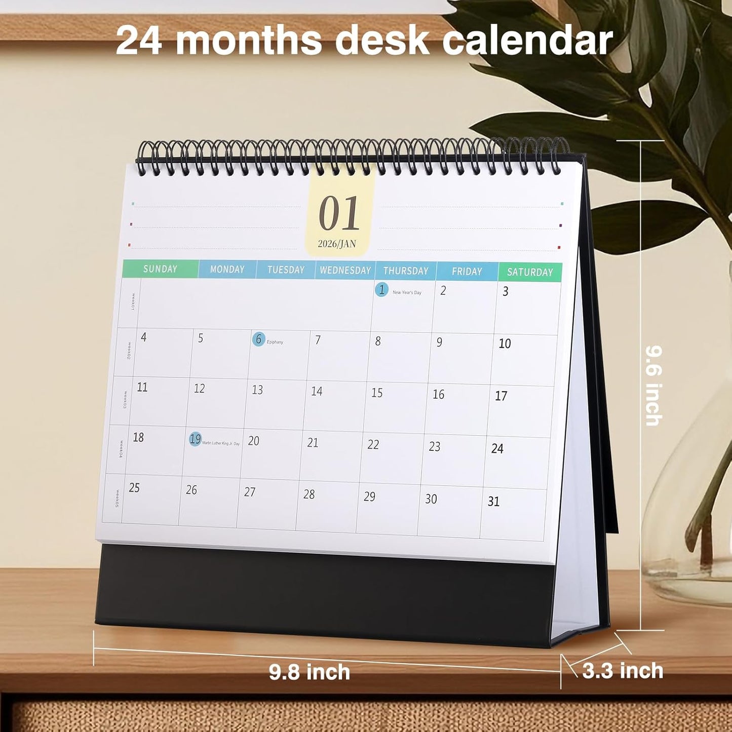 Desk Calendar 2026-2027, 2 Years Calendar Runs from Jan. 2026 until Dec 2027, Table Monthly Planner with Stickers for Home,Office,School Organization(L-Black,9.8" x 9.6")