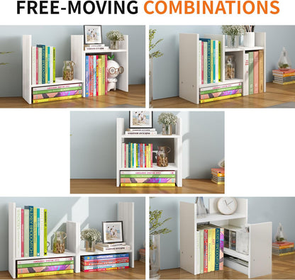 YSJILIDE Wood Adjustable Small Desktop Bookshelf, Expandable Storage Organizer, Organizer Office Storage Rack, Display Shelf Rack, Office Supplies Desk Organizer(White)