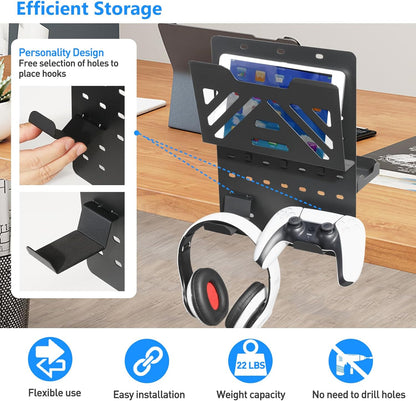 MAXECHO Desk Side Storage Holder, Metal Pegboard, Above or Under Desk Laptop Mount, Table Side Hanging File Organizer, Clamp On Cable Management Tray, Peg Board for Gaming, Office