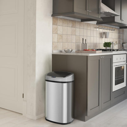 iTouchless 13 Gallon Stainless Steel Kitchen Trash Can with Sensor 2.0 Tech Touchless Lid and AbsorbX Odor Filter, Oval Slim Space-Saving Automatic Garbage Bin for Home, Office, Business, Restroom