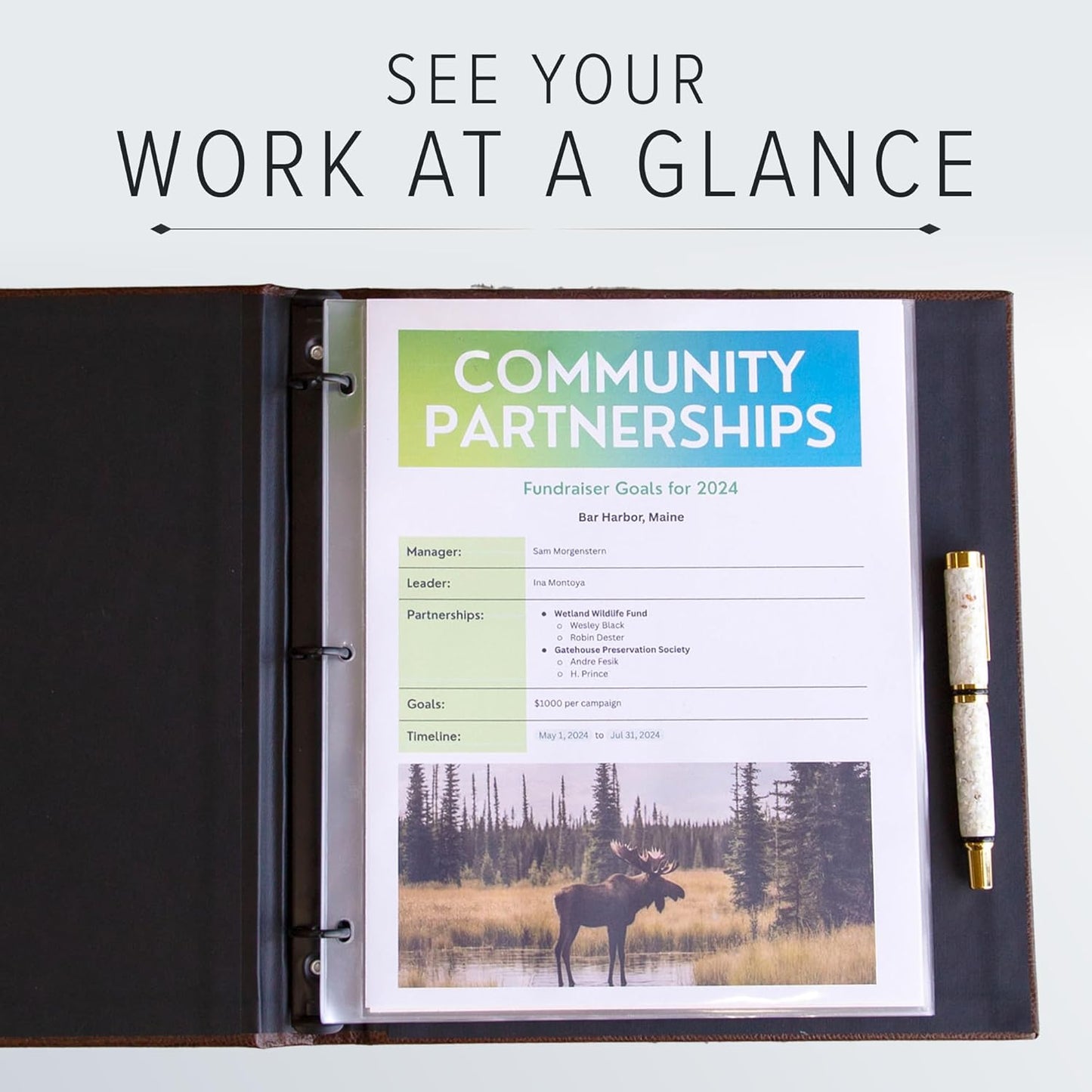 Gallery Leather 3 Ring Binder with Plastic Sleeves, Includes 10 Sheets, Sheet Size: 8.5" x 11" - Presentation Binder Rings with Window and Hubbed Spine, Thick: 1.25" Freeport Slate