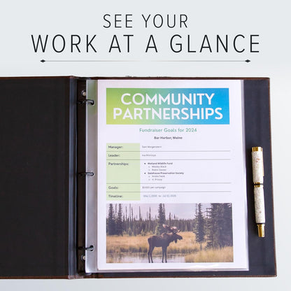 Gallery Leather 3 Ring Binder with Plastic Sleeves, Includes 10 Sheets, Sheet Size: 8.5" x 11" - Presentation Binder Rings with Window and Hubbed Spine, Thick: 0.75" Belfast Black