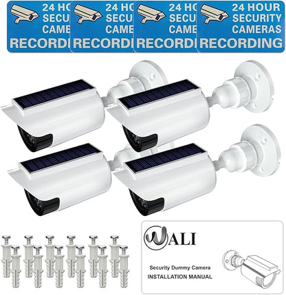 WALI Fake Dummy Camera, Solar Powered Fake Security Camera with LED Light, for Inside Outside Decoy Simulated Surveillance Security CCTV Dome Cameras with Warning Sticker (SOLTC-W4), 4 Packs, White