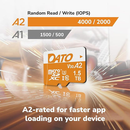 DATO 512GB Advance Plus microSDXC Memory Card w/Adapter, UHS-I, C10, U3, V30, A2, 4K UHD, Up to 160/150 MB/s, for Mobile Phones, Tablets, Gaming Consoles, Cameras, Drones, and Professional Equipment