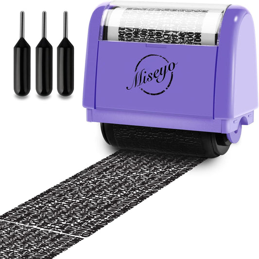 Miseyo Wide Identity Theft Protection Roller Stamp Set - Purple (3 Refill Ink Included)