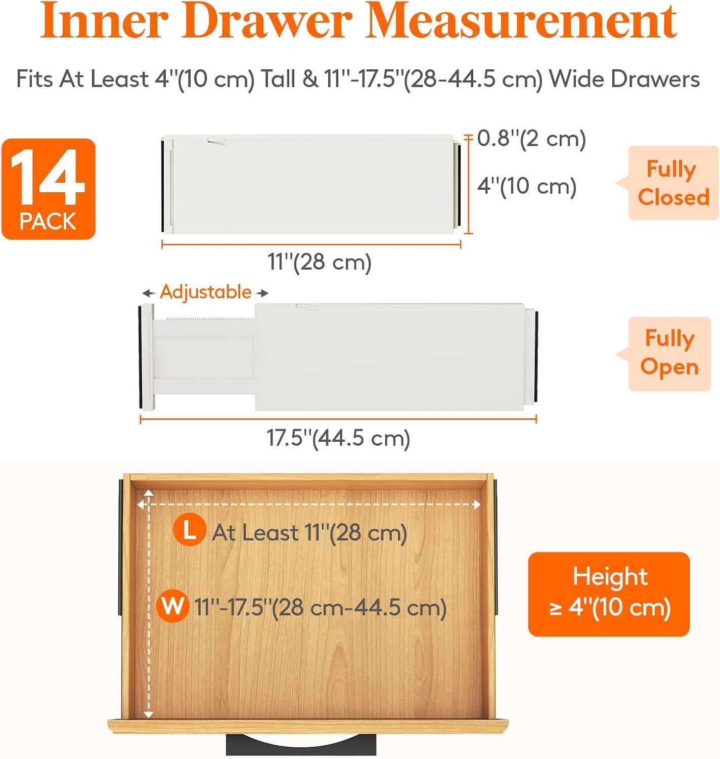 Lifewit 14 Pack Drawer Dividers 4" High, 11-17" Adjustable Drawer Organizers for Clothes, Expandable Dresser Separators in Bedroom/Bathroom/Kitchen/Fridge/Office Organization and Storage, Beige