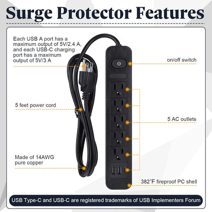 Kanayu 6 Pieces Power Strip Surge Protector with 5 Ac Outlets and 3 USB Ports, Heavy Duty Extension Cords Plug for Home Office Dorm(8.2 ft,Black)