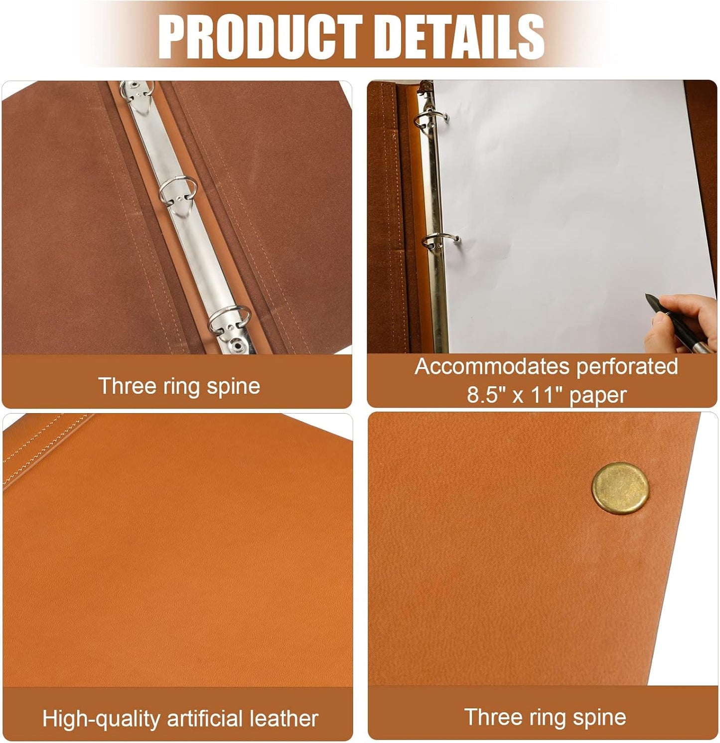 Leather 3 Ring Binder Holds 8.5 x 11 Inch Paper Binder Organizer Vintage Faux Leather Portfolio Folder Planner for Office Home Document Photo Diary Supplies(Antique Brown)