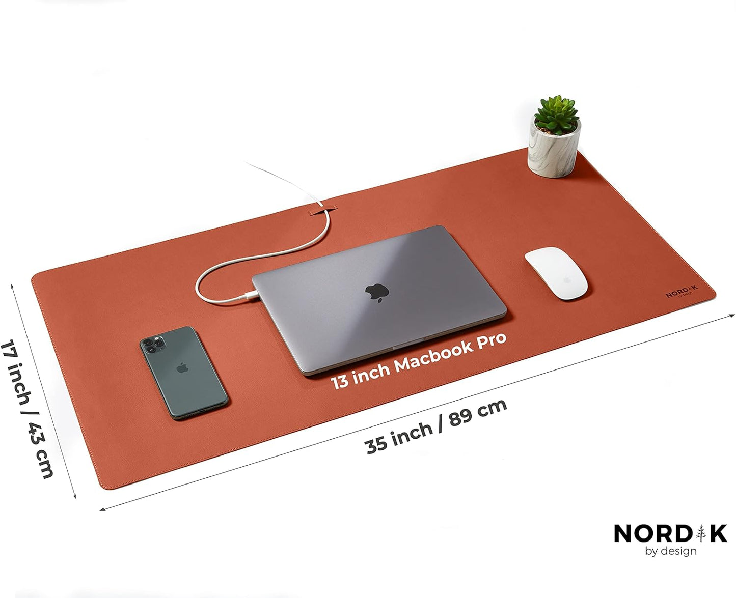 Nordik Cork Leather Desk Mat Cable Organizer - Saddle Brown 35 X 17 inch - Premium Extended Mouse Mat for Home Office Accessories - Non-Slip Vegan Leather Desk Pad Protector & Desk Blotter Pad