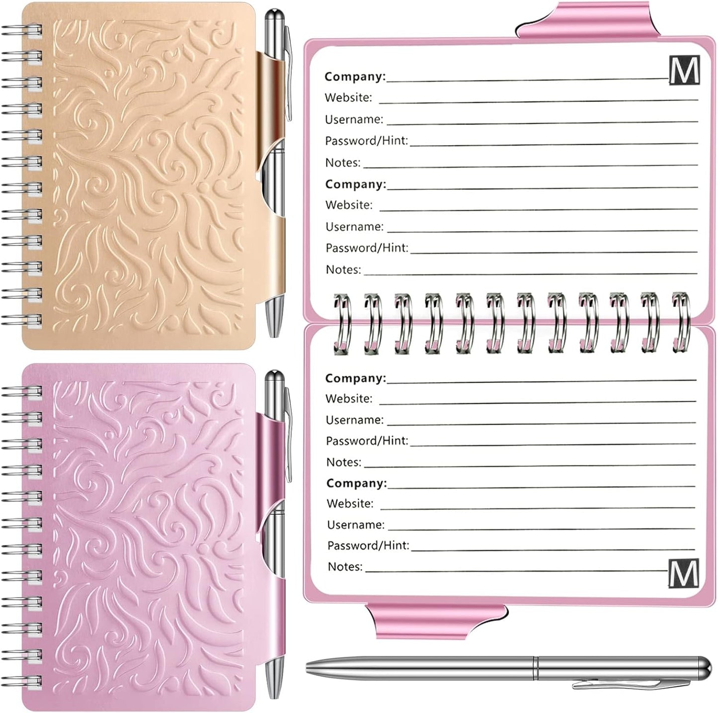 Zonon 2 Pcs Mini Password Book with Alphabetical Tabs Metal Password Keeper Book Portable Organizer Elegant Mandala Pattern Notebook with Pen, Spiral Bound for Information(Rose Gold, Light Pink)
