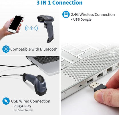 NETUM Bluetooth 1D Barcode Scanner with Stand 2.4G Wireless & Bluetooth & Wired CCD Scanner Gun for Supermarket, Store, Warehouse Handheld Bar Code Reader Work with Windows, Mac,Android, iOS -M6S