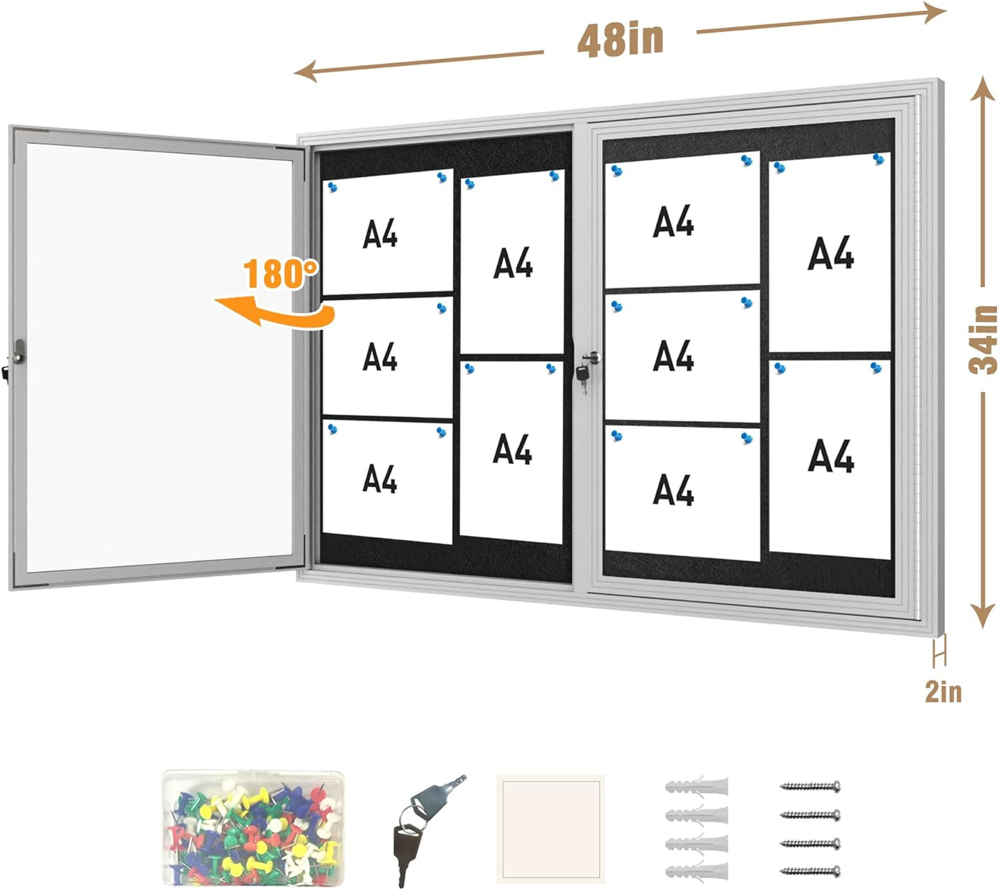 48"x34" Enclosed Bulletin Board, Outdoor Lockable Weather-Resistant Aluminum Cork Noticeboard for School & Office, Silver Frame w/Black Flet