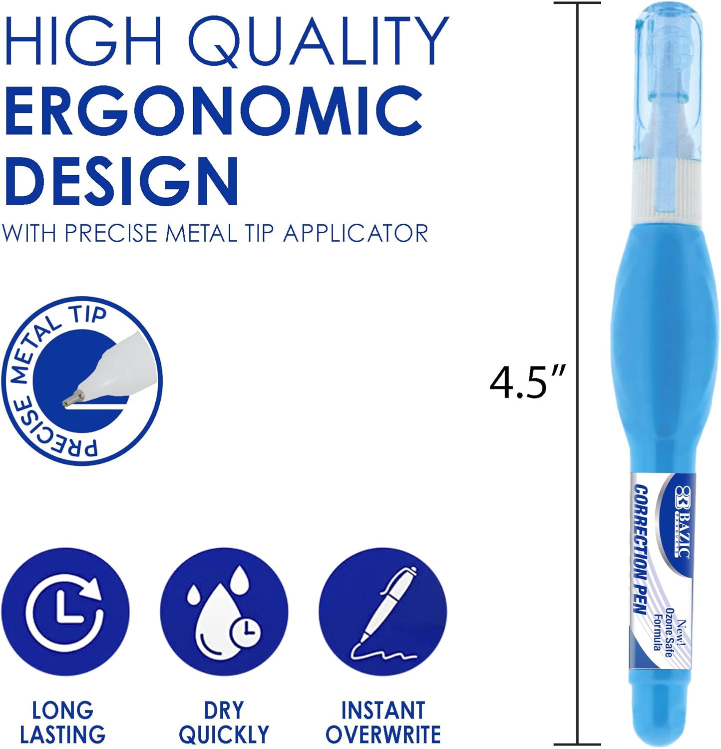 BAZIC Correction Pen (0.1 oz / 3 ml), Precise Metal Tip Applicator, Fine Point Corrections Fluid, White Out Liquid (3/Pack), 144-Packs