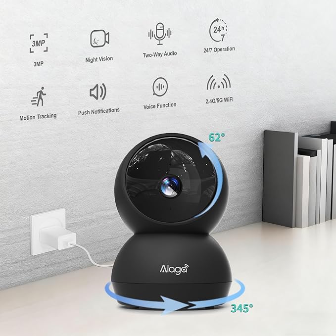 Security Camera, 2K HD Indoor Security Camera, 360 Degree Pan/Tilt Pet Camera 2.4G and 5G WiFi, Motion Detection, 2-Way Audio, Siren, Night Vision, Cloud SD Card Compatible Alexa Google Assistant