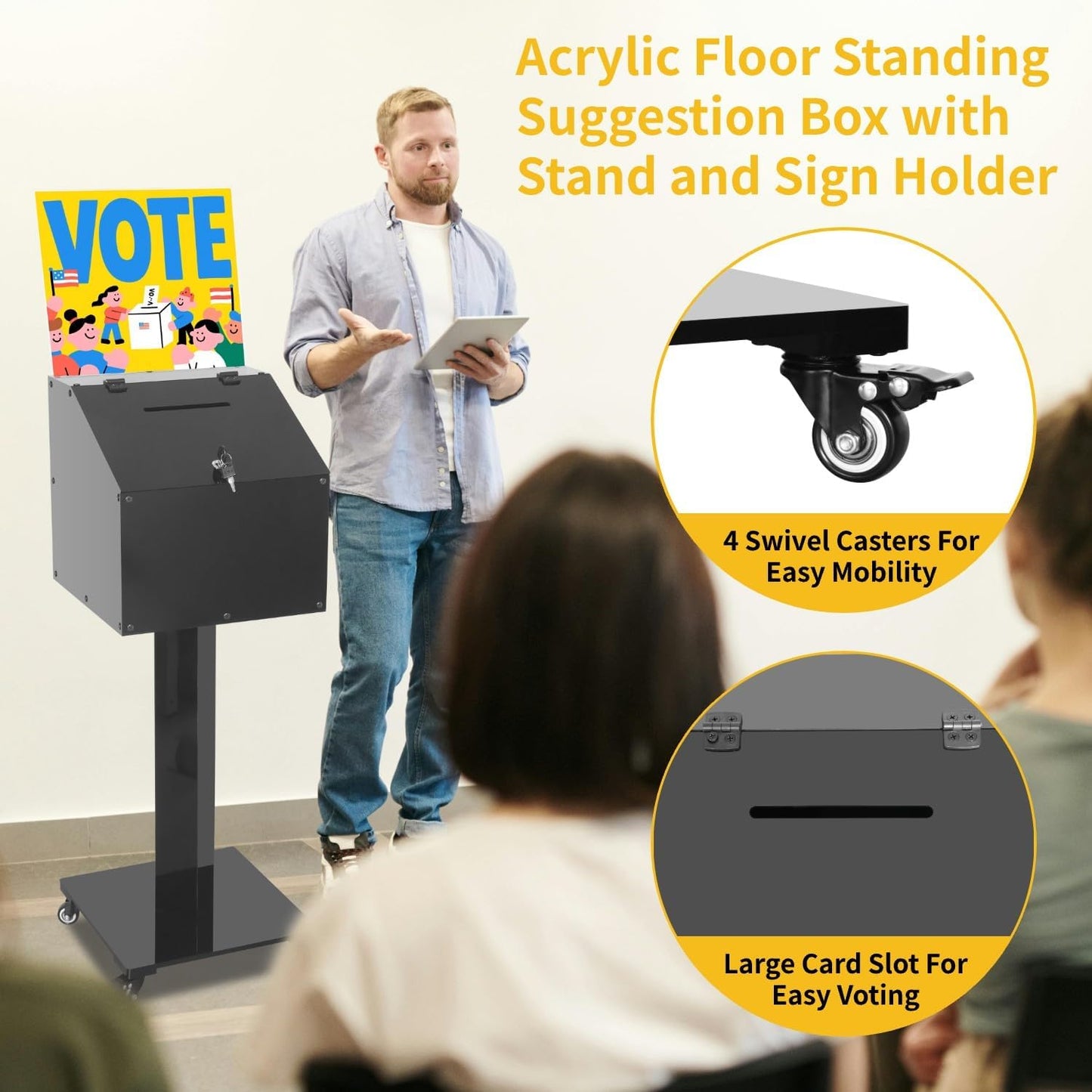 Large Acrylic Donation Box with Stand, Suggestion Box for Church, Drawing Raffle with Key&Lock, for Collection Fundraising, Offering, Ballots, Feedback, Black