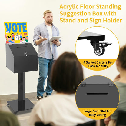 Large Acrylic Donation Box with Stand, Suggestion Box for Church, Drawing Raffle with Key&Lock, for Collection Fundraising, Offering, Ballots, Feedback, Black