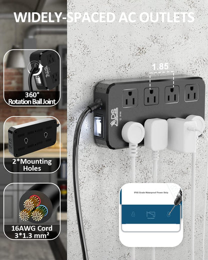 Outdoor Power Strip Weatherproof, Waterproof Surge Protector with 8 Wide Outlet with 3 USB Ports, 10FT Extension Cord,1875W Overload Protection,Outlet Extender for Christmas Lights ETL Listed Black