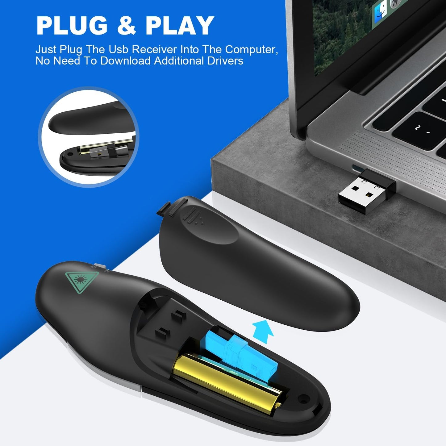 QUI Presentation Clicker Wireless Presenter Remote Clicker for PowerPoint Presentation Remote, PowerPoint Slide Advancer for Mac/Windows/Linux, Google Slide/PPT/Keynote, Type-c, Black