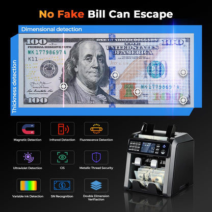 MUNBYN IMC08 Dual Money Counter Machine Mixed Denomination with Reject Pocket, Value Counting, Counterfeit Detection 2 CIS/UV/MG/IR, Sort&Print Enabled Cash Counter, Mixed Bill Counter (Black)