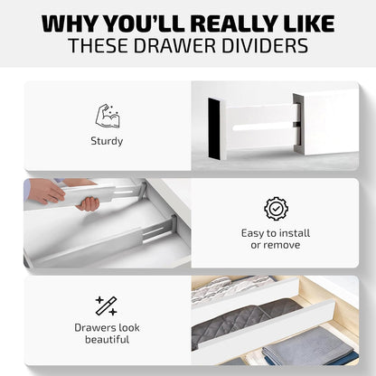 4 Pack Drawer Dividers Bamboo 2.6" High, 12.5"-17" Adjustable Drawer Organizers for Clothes, Expandable Dresser Separators in Bedroom/Bathroom/Kitchen/Office Organization and Storage (White)