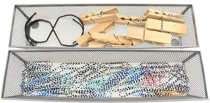 HAHIYO Stackable Mesh Tray Cup 12 x 3 x 2 inches Sturdy Container for Desk Drawer Organizer Collection for Home Office School kitchen Soft Foam Feet No Sharp Edges 2 Pack Silver